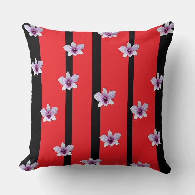 Coussin Classique noir + rayures florales rouges (Recto)