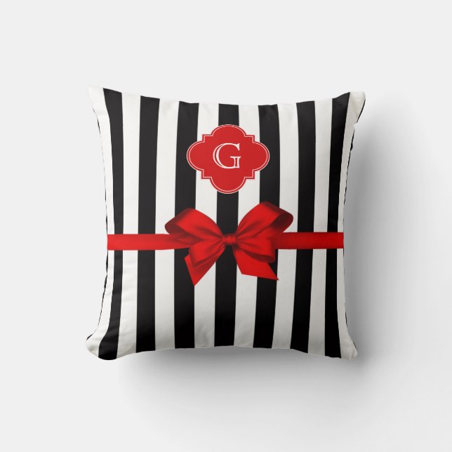 Coussin Classique Rayure Noir Blanc, Étiquette Rouge, Ruba (Recto)