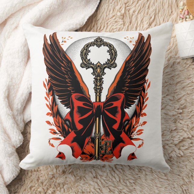 Coussin Clé de fond en velours gothique avec ailes et lune (Couverture)