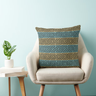 Coussin Clé grecque Aqua Turquoise et Noir avec Grille d'o