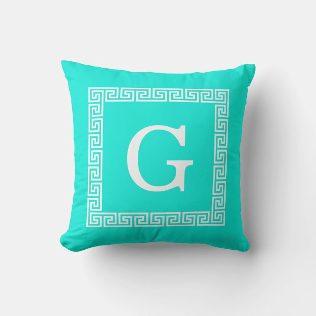 Coussin Clé grecque blanche Aqua lumineuse #1 Monogramme e (Recto)