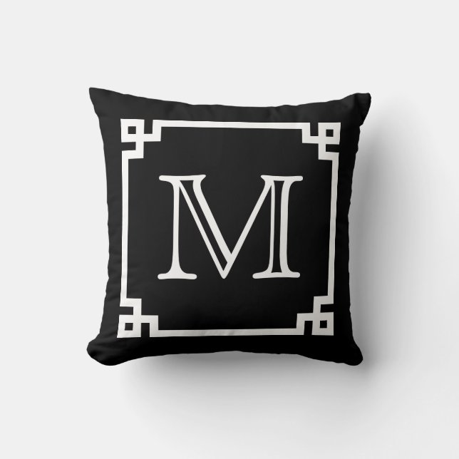 Coussin Clé grecque blanche de monogramme noir et blanc (Recto)