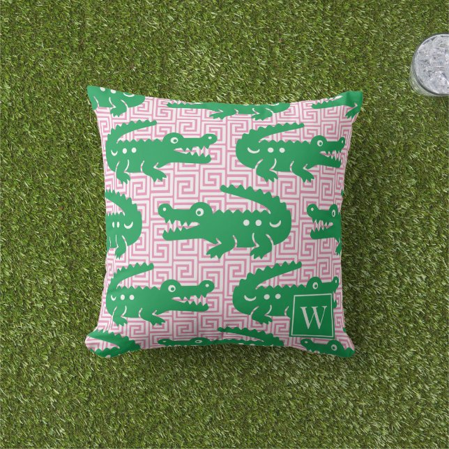 Coussin Clé grecque d'alligator - Monogramme rose et vert (Herbe)