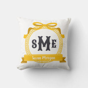 Coussin Clé grecque jaune vif à nœud monogramme