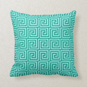 Coussin Clé grecque, turquoise et aqua