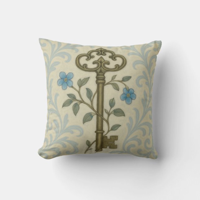 Coussin Clé vintage et Carré floral bleu (Recto)