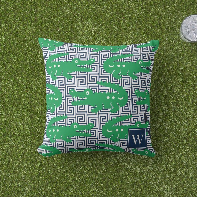 Coussin Clef grecque Alligator - Monogramme vert et marine (Herbe)