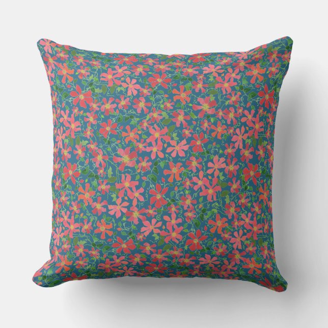 Coussin Clematis rose, rouge, orange floral sur bleu profo (Recto)
