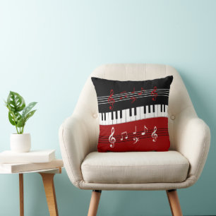 Coussin Clés et notes de piano blanc rouge noir élégant