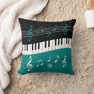 Coussin Clés et notes de piano Turquoise noir blanc
