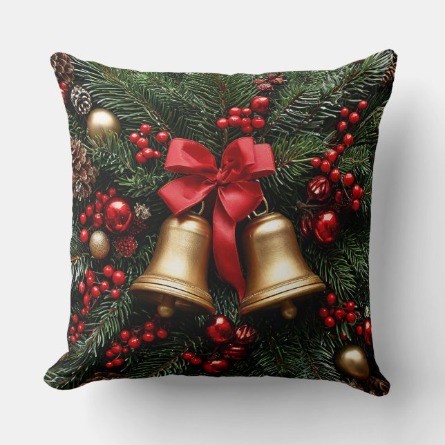 Coussin Cloche de Noël dorée sur des décorations de feuill (Recto)