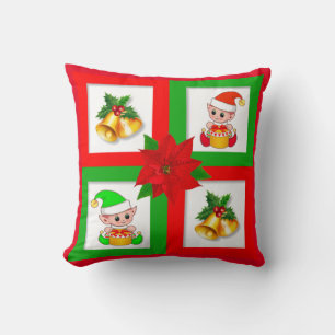 Coussin cloches de Noël, poinsettia, elfe sur fond vert et