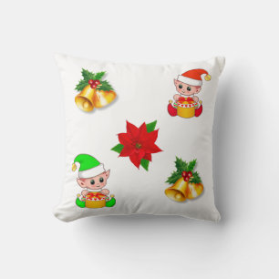 Coussin Cloches de Noël, poinsettia et décoration de lutin
