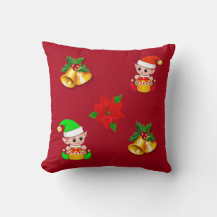Coussin cloches de Noël, poinsettia et lutin mignon sur fo