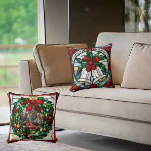 Coussin Clochettes Argent Ruban Rouge Faux Vitrail