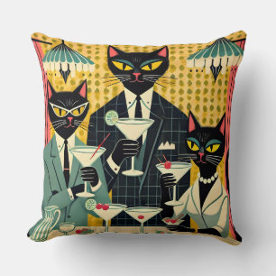 Coussin Club de martini au chat noir rétro-futuriste