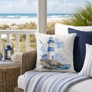Coussin Coastal Living Phare Bleu sur Fond Blanc
