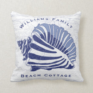 Coussin Coastère Bleu Conch Coquillages Famille Monogramme