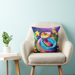 Coussin Cobra serpent avec rose et jaune turquoise éclatan