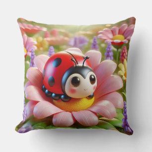 Coussin Coccinelle adorable assise sur une fleur rose