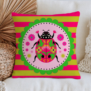 Coussin Coccinelle d'art populaire rose et vert rayures fl