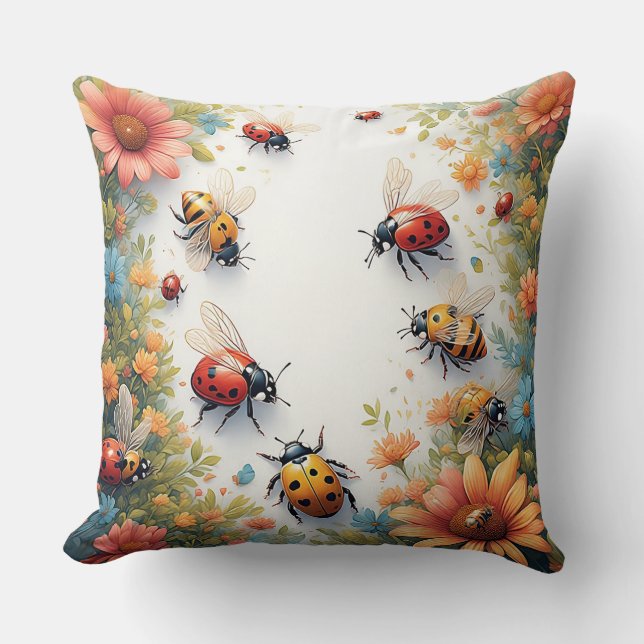 Coussin Coccinelles et abeilles colorées (Recto)