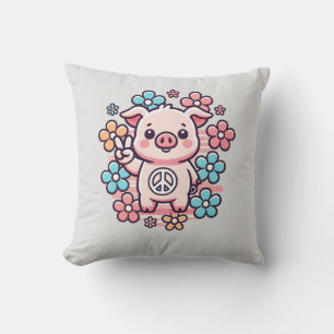 Coussin Cochon mignon avec la paix Signal & Fleurs à thème