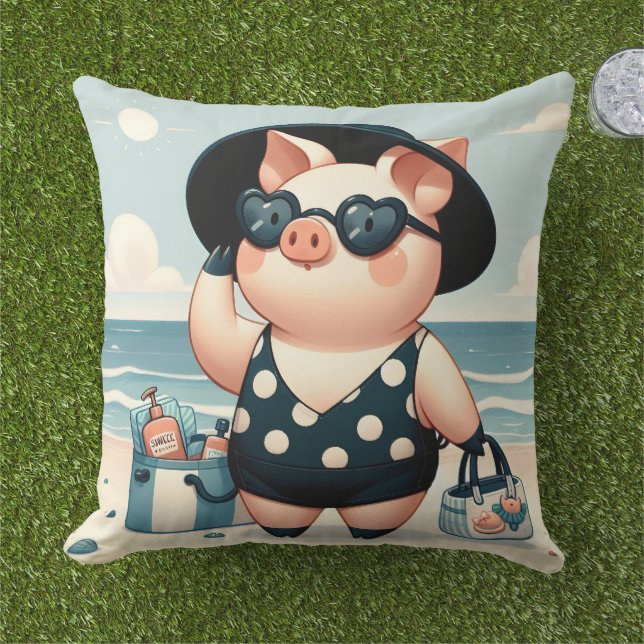 Coussin Cochon mignon en maillot de bain Polka Dot à la pl (Herbe)