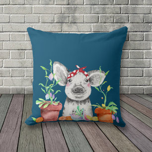 Coussin Cochon mignon et Plantes pointillés