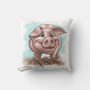 Coussin Cochon Rose dans la Paille Dessin Animé