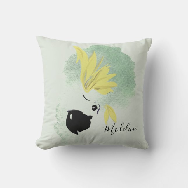 Coussin Cockatoo Oiseau jaune et vert Aquarelle personnell (Recto)