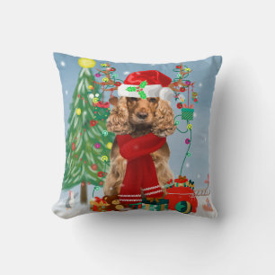 Coussin Cocker Spaniel Chien en neige avec cadeaux de Noël