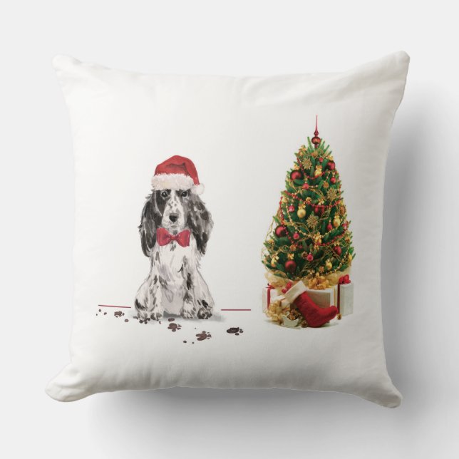 Coussin Cocker Spaniel Funny Chien de Noël avec arbre (Recto)