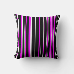 Coussin Code-barres rayé noir, rose et blanc