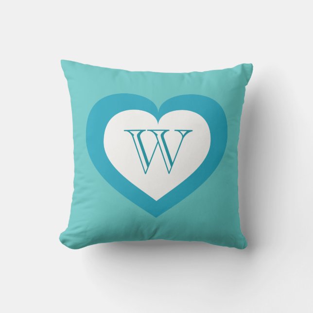 Coussin Coeur blanc et turquoise - monogramme (Recto)