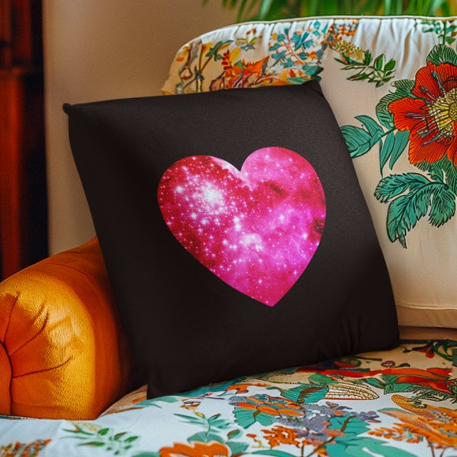 Coussin Cœur céleste noir et rose vif (Black and Hot Pink Celestial Heart Throw Pillow)