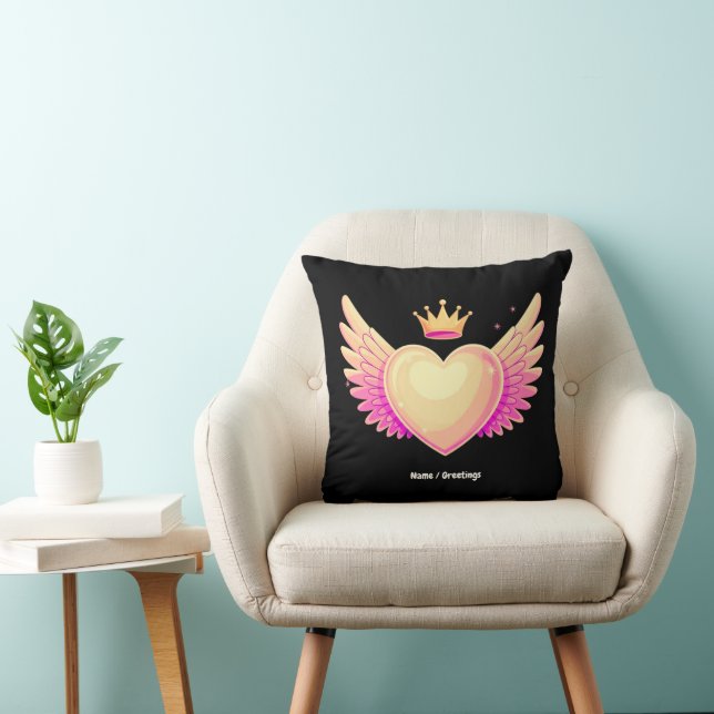 Coussin Coeur d'ange avec ailes roses Cool et couronne Une (Chaise)