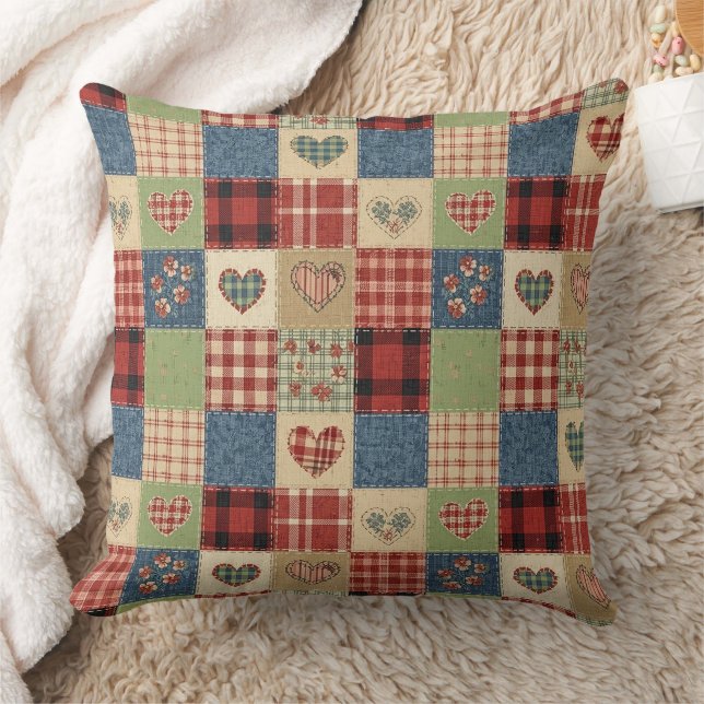 Coussin Cœur de courtepoint de campagne Patchwork Rouge Bl (Couverture)