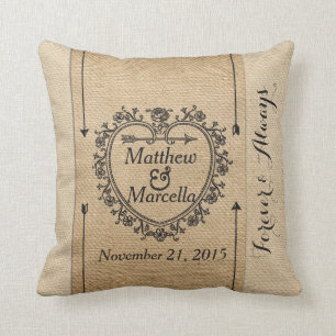 Coussin Coeur de fantaisie de date d'anniversaire de toile