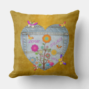 Coussin Cœur de fleurs de denim Papillons sur or