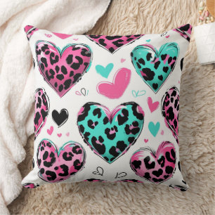 Coussin Cœur de Léopard Gras Amour – Rose, Noir & Sarcelle