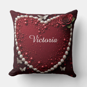 Coussin Cœur de Perle Rouge avec des Roses pour la Décorat