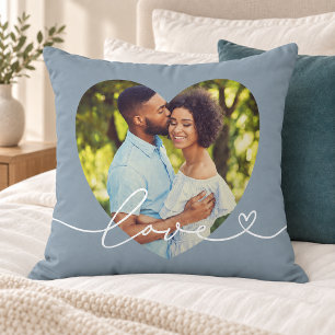 Coussin Cœur de photo en écriture d'amour bleu ardoise