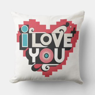 Coussin Cœur de pixel Je t'aime Rétro Typographie