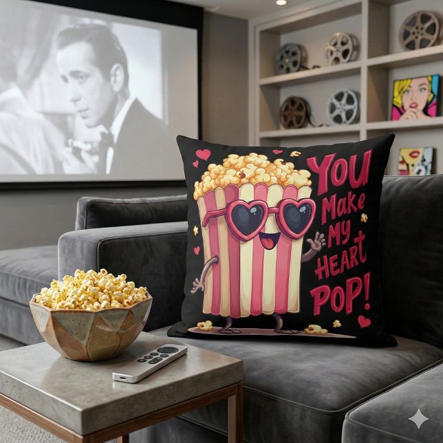 Coussin Cœur de Popcorn Design de la Saint-Valentin Pop (Popcorn Heart Pop Valentine Design Throw Pillow Mockup A)