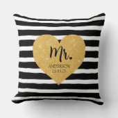 Coussin Cœur Doré Élégant Rayures Noires Juste Marié (Recto)