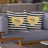 Coussin Cœur Doré Élégant Rayures Noires Juste Marié