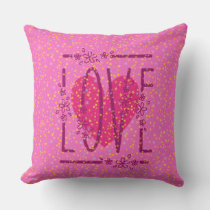 Coussin Cœur & Étoiles Floral Amour Texte Rose & Féminin M