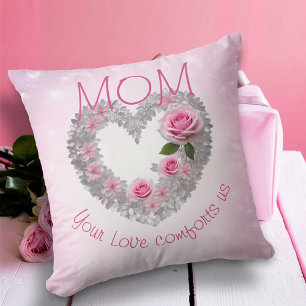 Coussin Coeur Feuille argent et Rose Rose maman