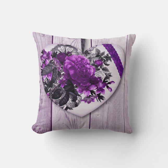 Coussin Coeur Floral Chic Purple Sur Le Bois Lilac (Recto)